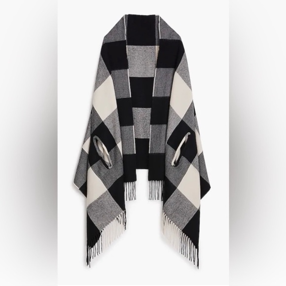 J.Crew Black White Plaid Scarf Wrap Cape Shawl With Fringe One Size - Picture 1 of 6